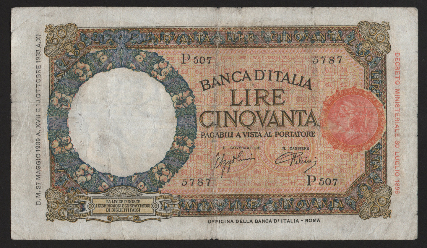 50 LIRE LUPETTA (FASCIO) ROMA 1° TIPO 27/05/1939 BB