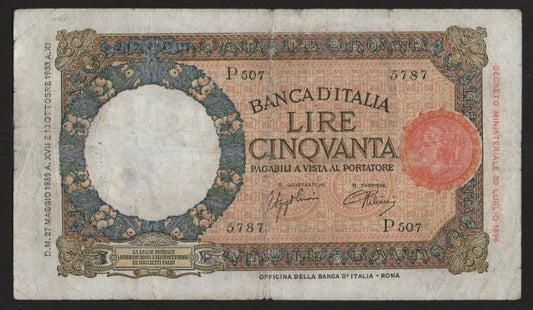 50 LIRE LUPETTA (FASCIO) ROMA 1° TIPO 27/05/1939 BB