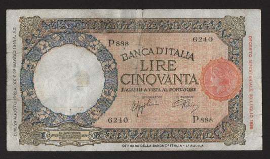 50 LIRE LUPETTA (FASCIO) L'AQUILA 28/08/1942 qBB