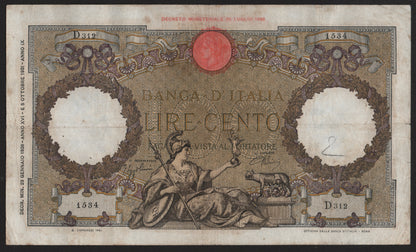 100 LIRE ROMA GUERRIERA (FASCIO) 29/01/1938 BB