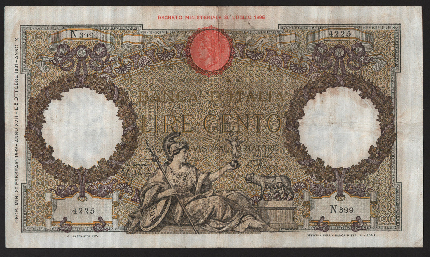 100 LIRE ROMA GUERRIERA (FASCIO) 20/02/1939 BB