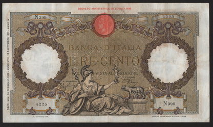 100 LIRE ROMA GUERRIERA (FASCIO) 20/02/1939 BB