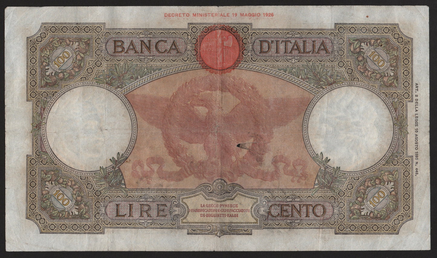 100 LIRE ROMA GUERRIERA (FASCIO) 23/10/1940 qBB