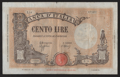 100 LIRE GRANDE "L" (FASCIO) BARBETTI 09/12/1942 BB