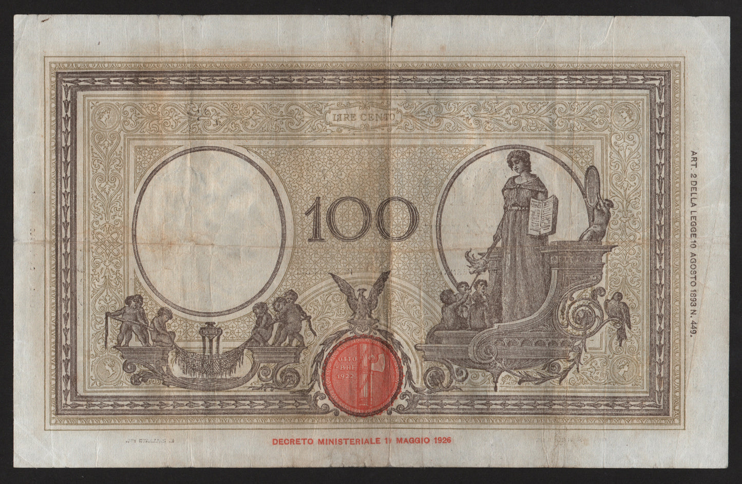 100 LIRE GRANDE "L" (FASCIO) BARBETTI 09/12/1942 BB