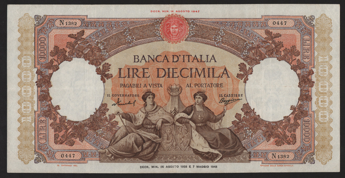 10000 LIRE REPUBBLICHE MARINARE REGINE DEL MARE 26/08/1958 BB+