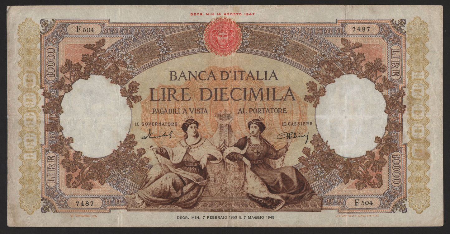 10000 LIRE REPUBBLICHE MARINARE REGINE DEL MARE 07/02/1953 BB