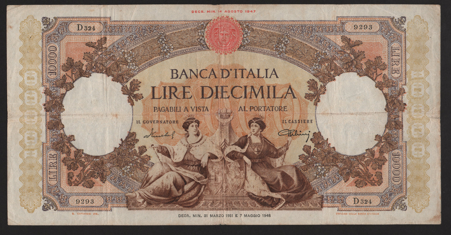 10000 LIRE REPUBBLICHE MARINARE REGINE DEL MARE 31/03/1951 BB