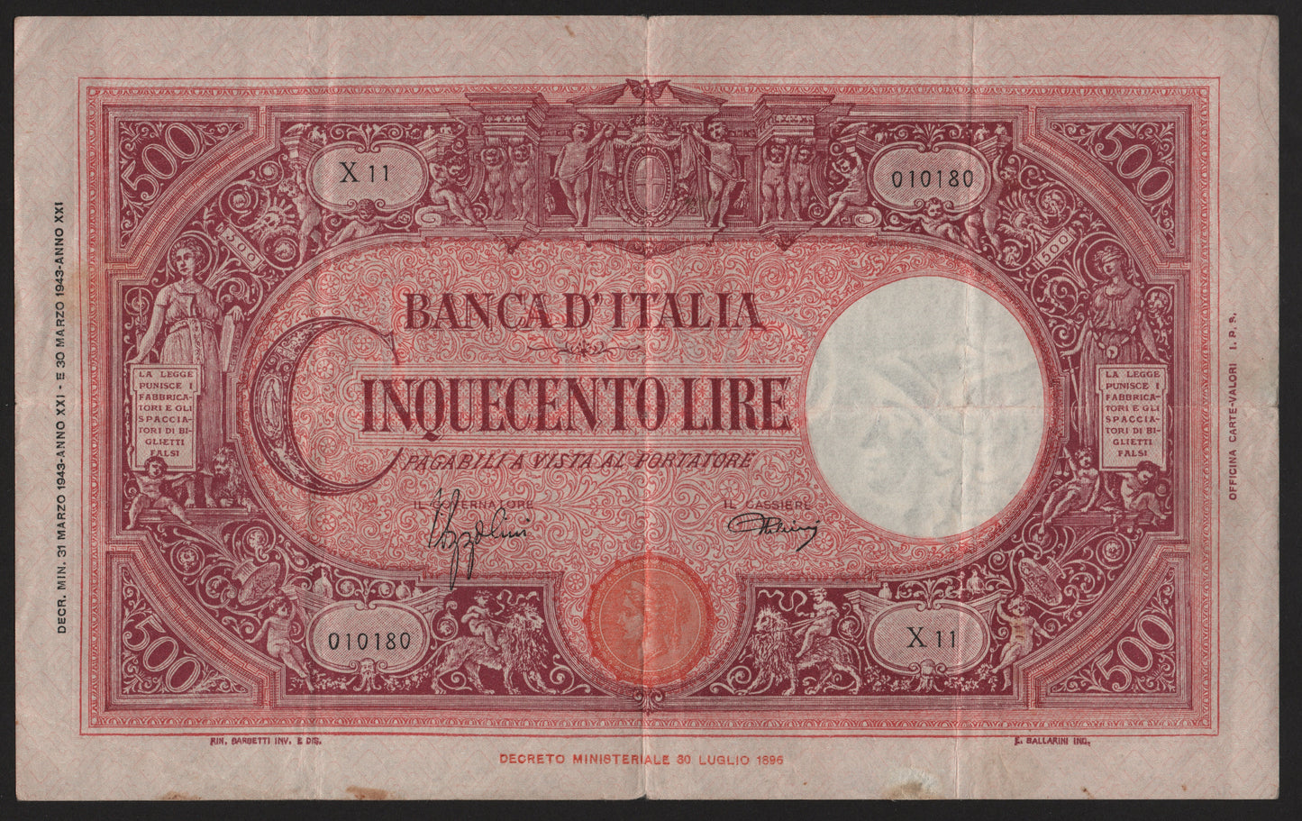 500 LIRE GRANDE "C" (FASCIO) 31/03/1943 BB