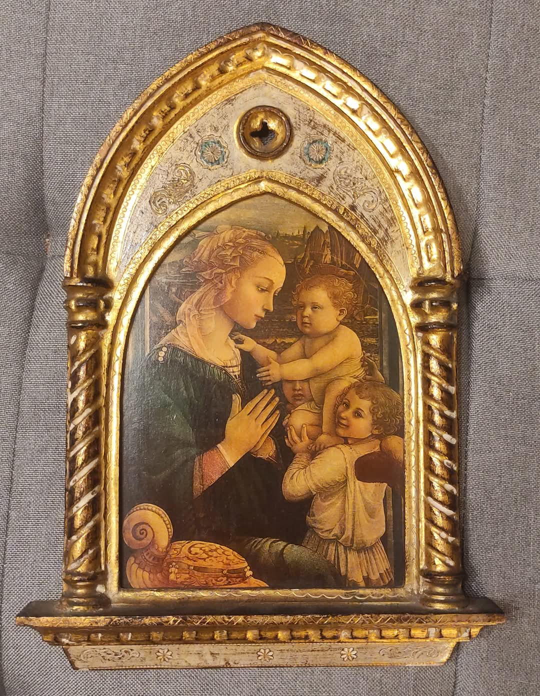 QUADRO MADONNA CON BAMBINO CORNICE ANTICA DORATA STILE GOTICO RINASCIMENTALE