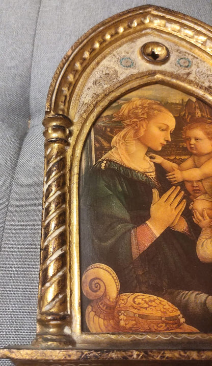 QUADRO MADONNA CON BAMBINO CORNICE ANTICA DORATA STILE GOTICO RINASCIMENTALE