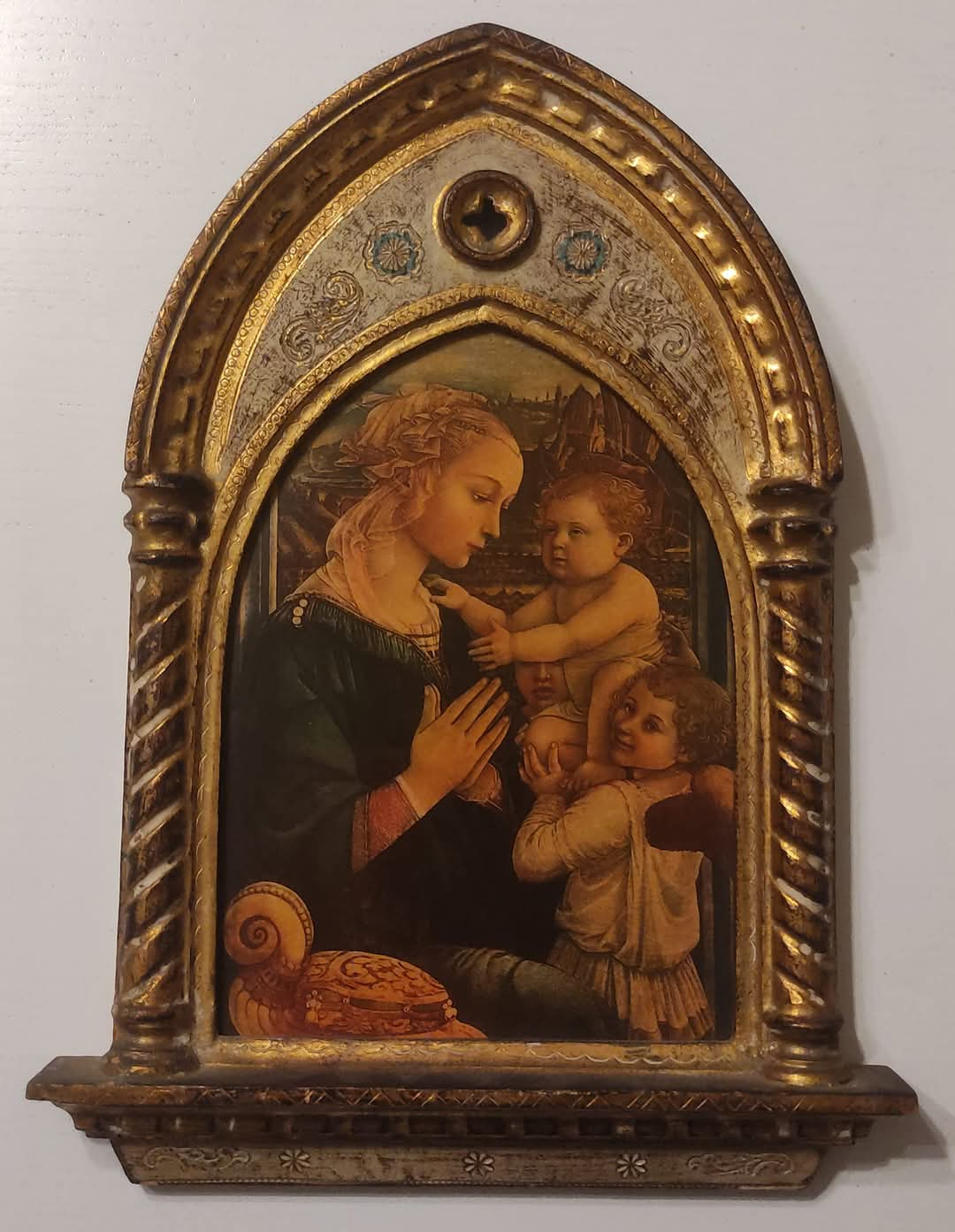 QUADRO MADONNA CON BAMBINO CORNICE ANTICA DORATA STILE GOTICO RINASCIMENTALE