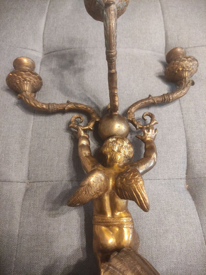 ANTICO CANDELABRO IN BRONZO DORATO CON PUTTO ALATO STILE BAROCCO - 43 CM