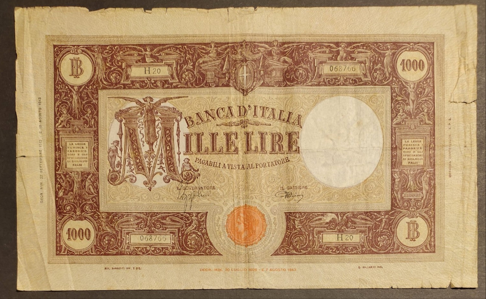 1000 LIRE GRANDE "M" (B.I.) 22/09/1943 MB+