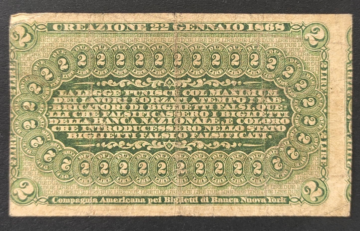 2 LIRE BANCA NAZIONALE NEL REGNO D'ITALIA 22/01/1868 (BB) - Numismatica_ita