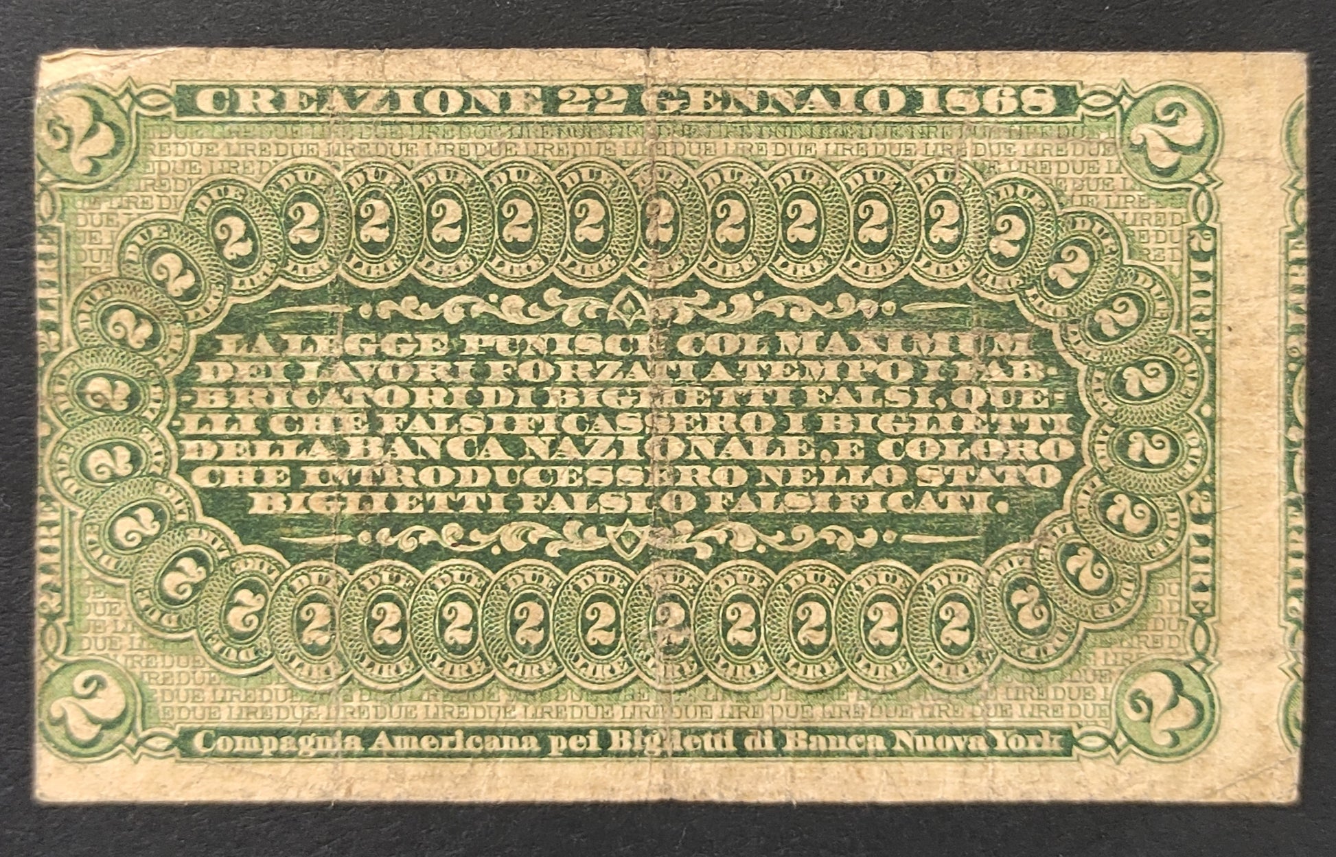 2 LIRE BANCA NAZIONALE NEL REGNO D'ITALIA 22/01/1868 (BB) - Numismatica_ita