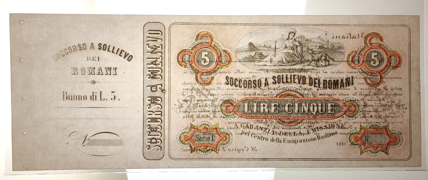 5 LIRE SOCCORSO A SOLLIEVO DEI ROMANI 30/04/1867 qFDS PERIZIATA