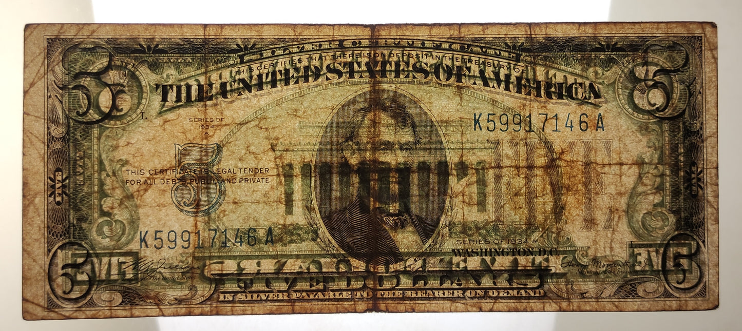 5 DOLLARI BOLLINO GIALLO 1935 OCCUPAZIONE AMERICANA DELLA SICILIA BB