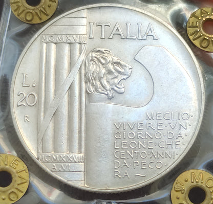 20 LIRE CAPPELLONE ELMETTO 1928 SPL+ PERIZIATA. MONETA ARGENTO REGNO D'ITALIA