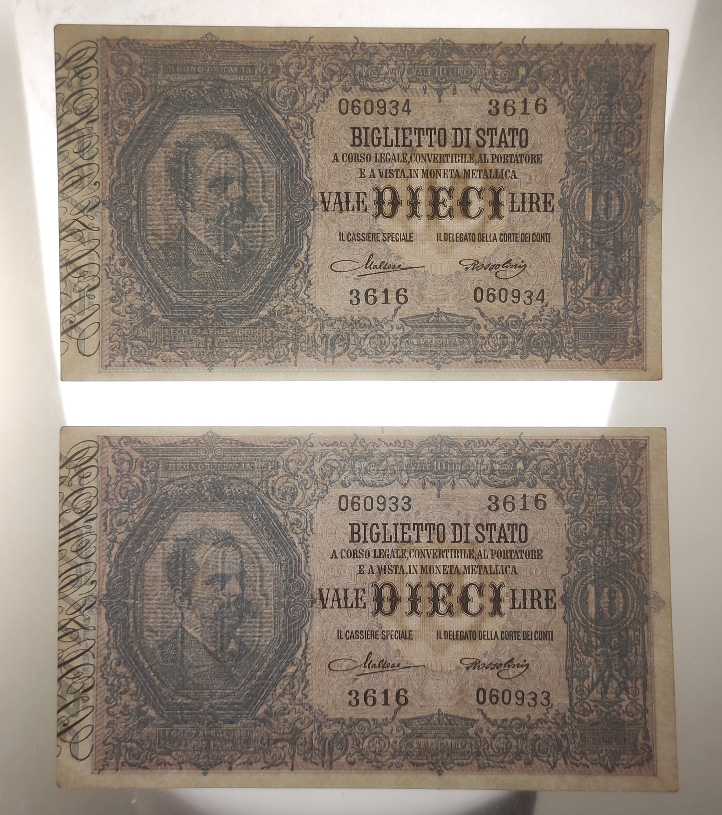 10 LIRE EFFIGIE DI UMBERTO I 19/09/1923 CONSECUTIVE DA MAZZETTA SUP