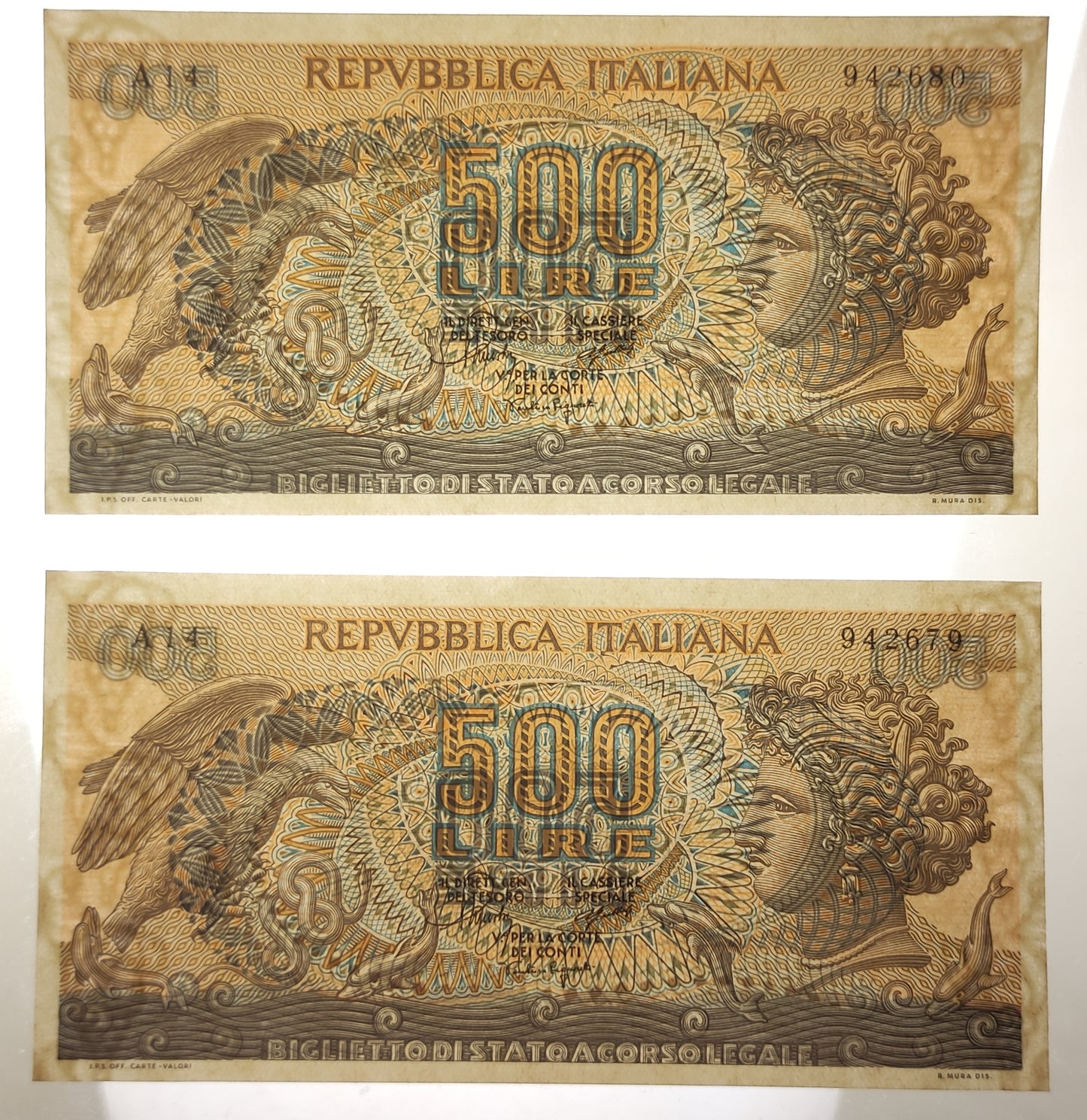 500 LIRE ARETUSA 20/10/1967 FDS CONSECUTIVE DA MAZZETTA