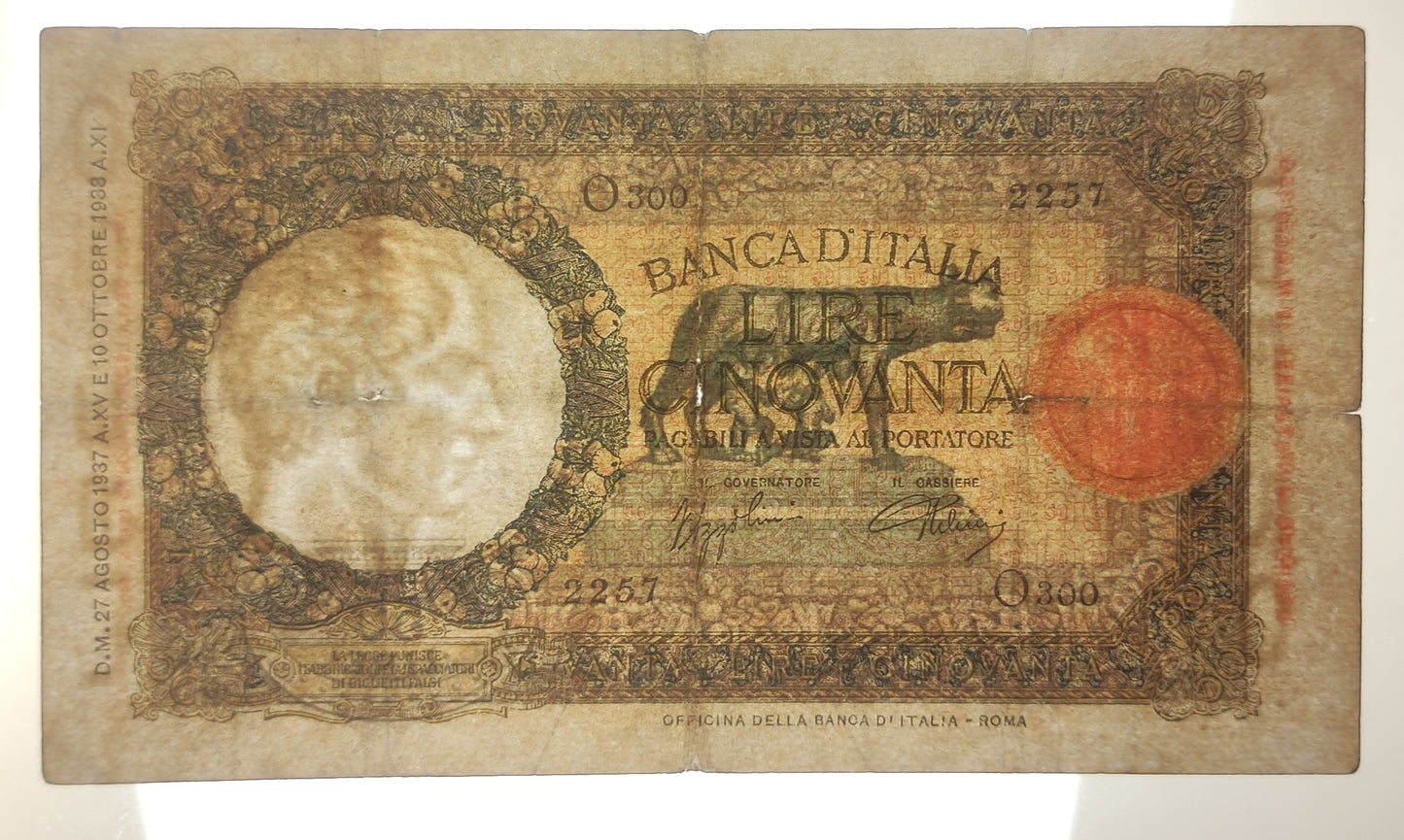 50 LIRE LUPETTA (FASCIO) ROMA 1° TIPO 27/08/1937 BB