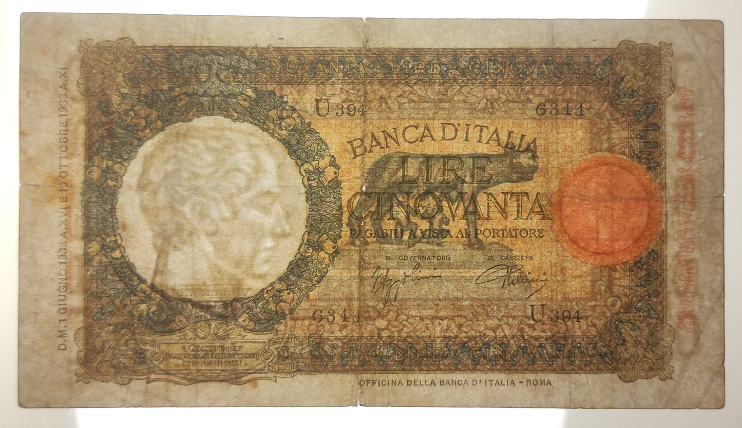 50 LIRE LUPETTA (FASCIO) ROMA 1° TIPO 01/06/1938 BB