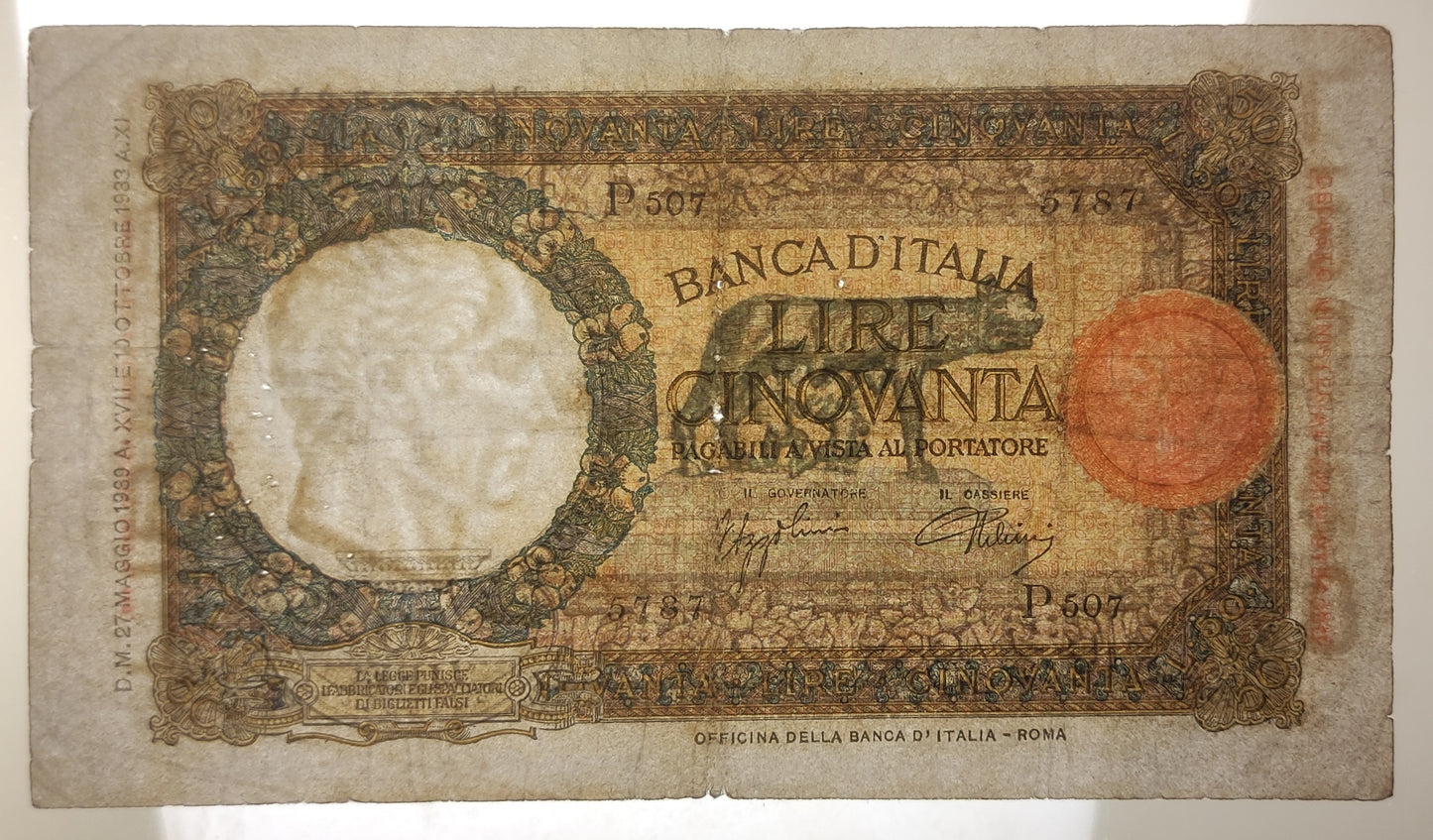 50 LIRE LUPETTA (FASCIO) ROMA 1° TIPO 27/05/1939 BB