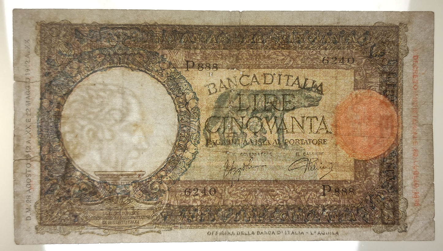 50 LIRE LUPETTA (FASCIO) L'AQUILA 28/08/1942 qBB