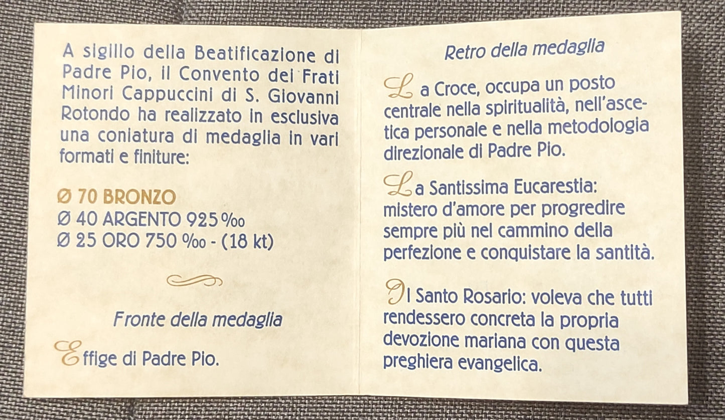 MEDAGLIA BEATIFICAZIONE PADRE PIO 1999 IN BRONZO FDC - DA COLLEZIONE