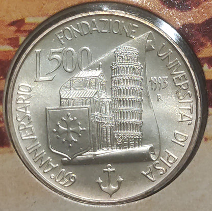 500 LIRE 1993 IPZS 650° ANNIVERSARIO UNIVERSITÀ DI PISA - MONETA IN ARGENTO FDC