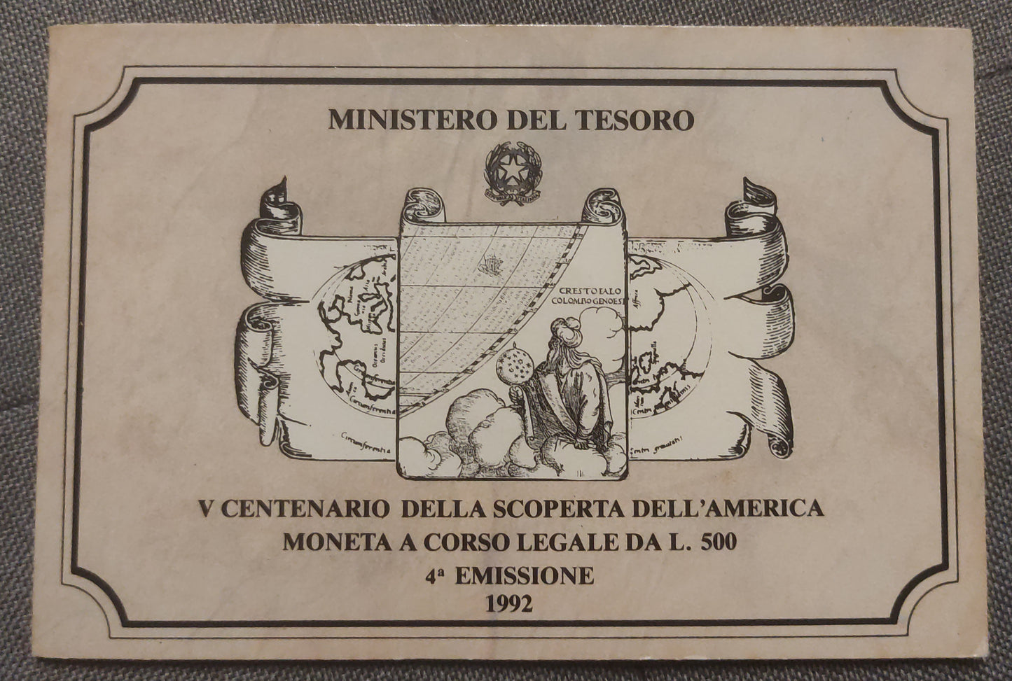 500 LIRE 1992 IPZS 500 ANNI DELLA SCOPERTA DELL'AMERICA - MONETA IN ARGENTO FDC