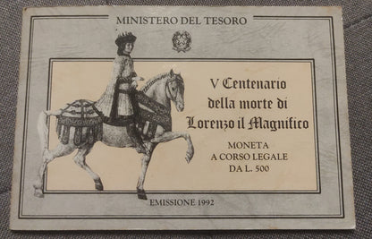 500 LIRE 1992 IPZS 500 ANNI MORTE DI LORENZO IL MAGNIFICO - MONETA ARGENTO FDC