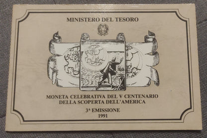 500 LIRE 1991 IPZS 500 ANNI DELLA SCOPERTA DELL'AMERICA - MONETA IN ARGENTO FDC