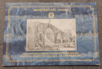 500 LIRE 1991 2100 ANNI PONTE MILVIO - MONETA IN ARGENTO FDC - DA COLLEZIONE