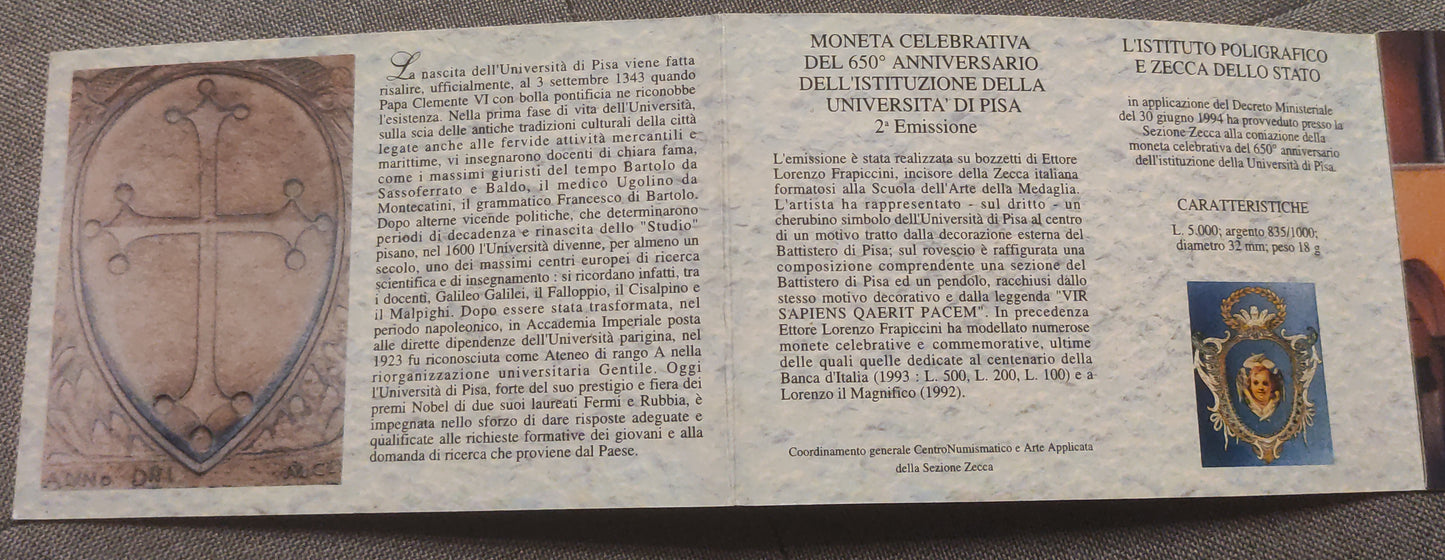 5000 LIRE 1993 650° ANNIVERSARIO UNIVERSITÀ DI PISA - MONETA IN ARGENTO FDC