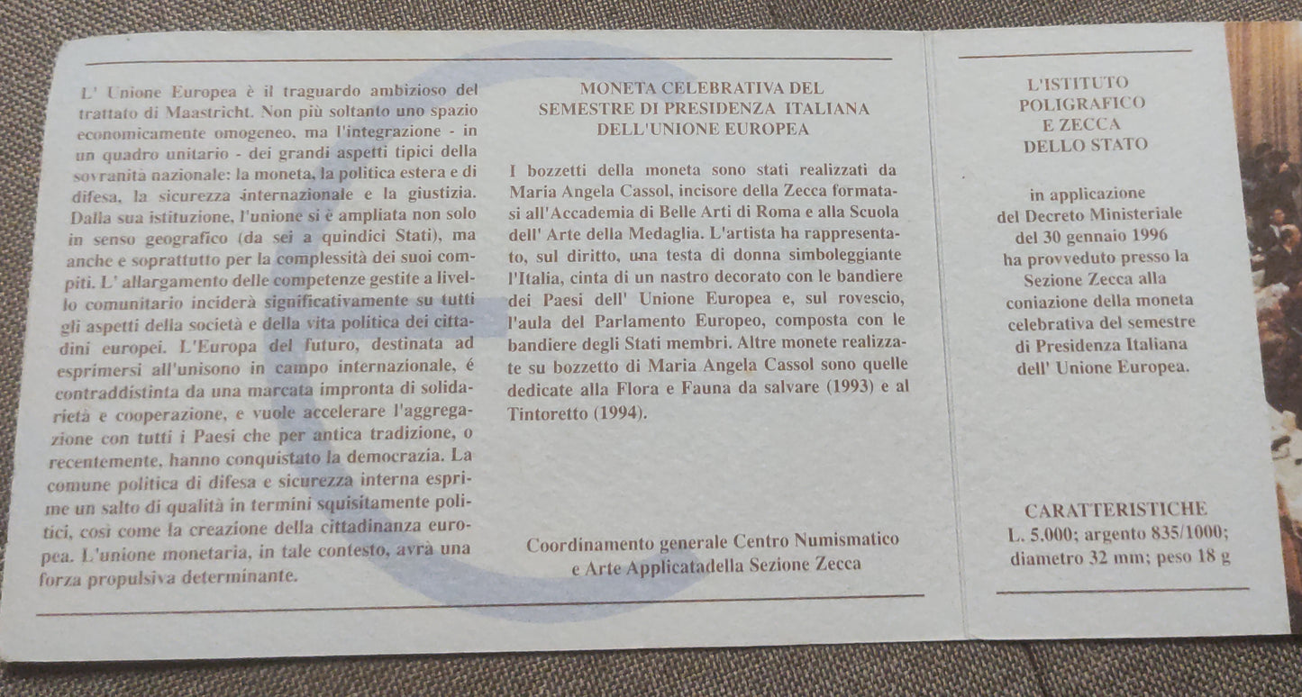 5000 LIRE 1996 SEMESTRE DI PRESIDENZA ITALIANA IN UE - MONETA IN ARGENTO FDC