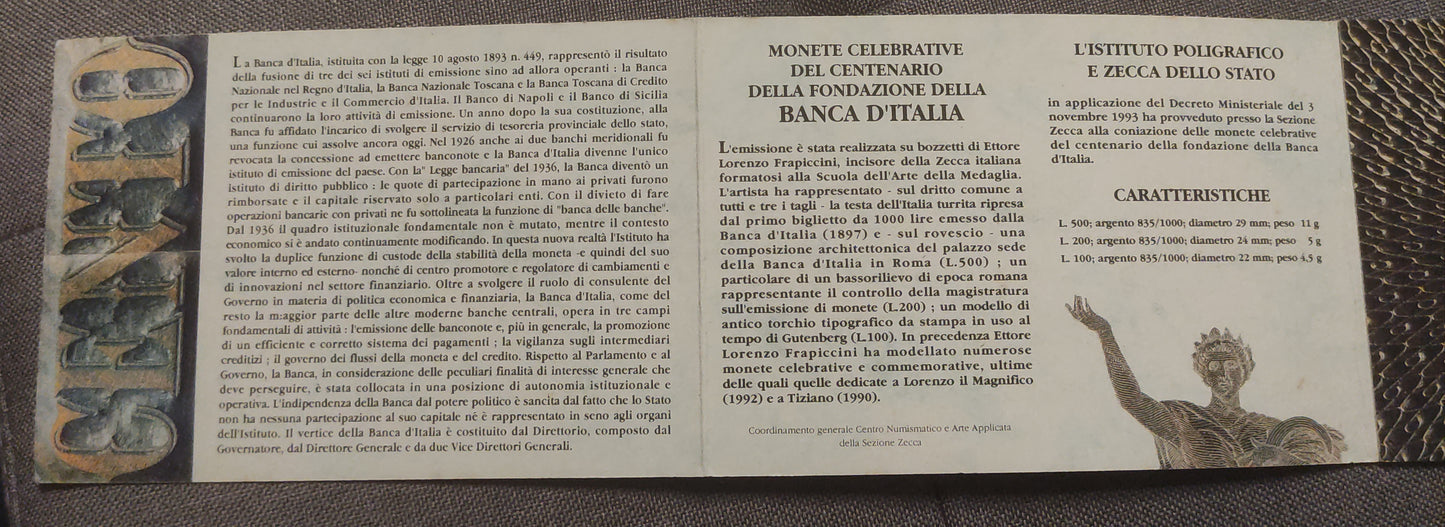 TRITTICO MONETE IN ARGENTO 1993 IPZS CENTENARIO FONDAZIONE BANCA D' ITALIA FDC