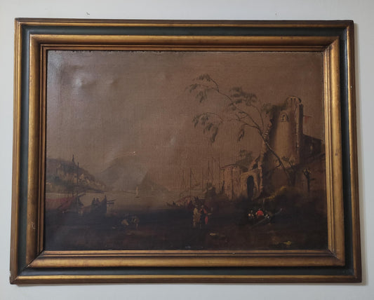 QUADRO ANTICO OLIO SU TELA – PAESAGGIO MARINO CON CASTELLO - XIX SECOLO 84x64 CM