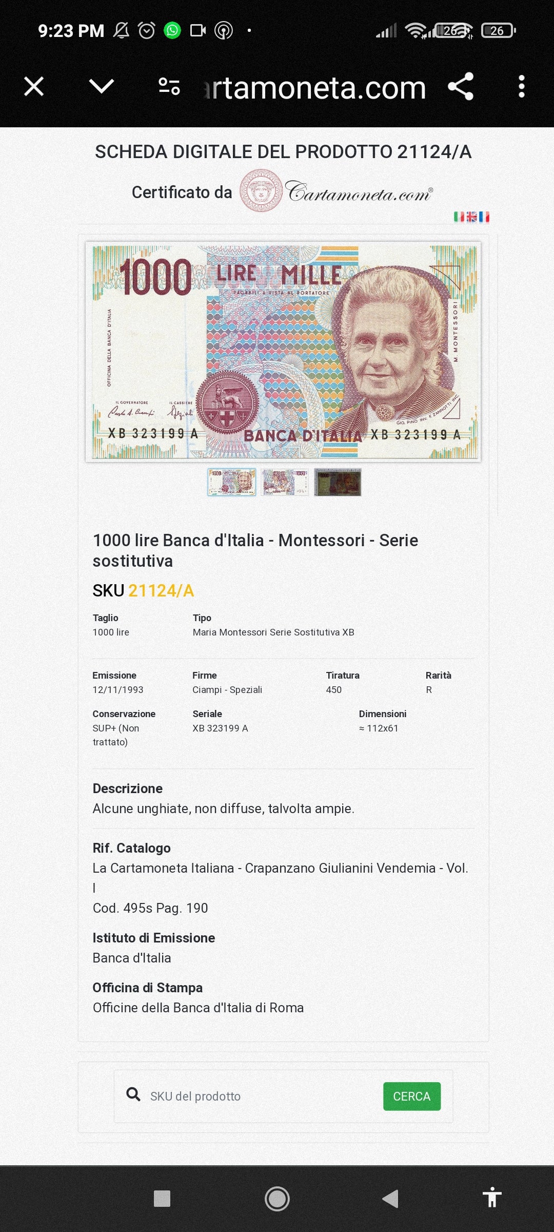 1000 LIRE MONTESSORI SERIE SOSTITUTIVA XB SUP+ PERIZIATA 1991