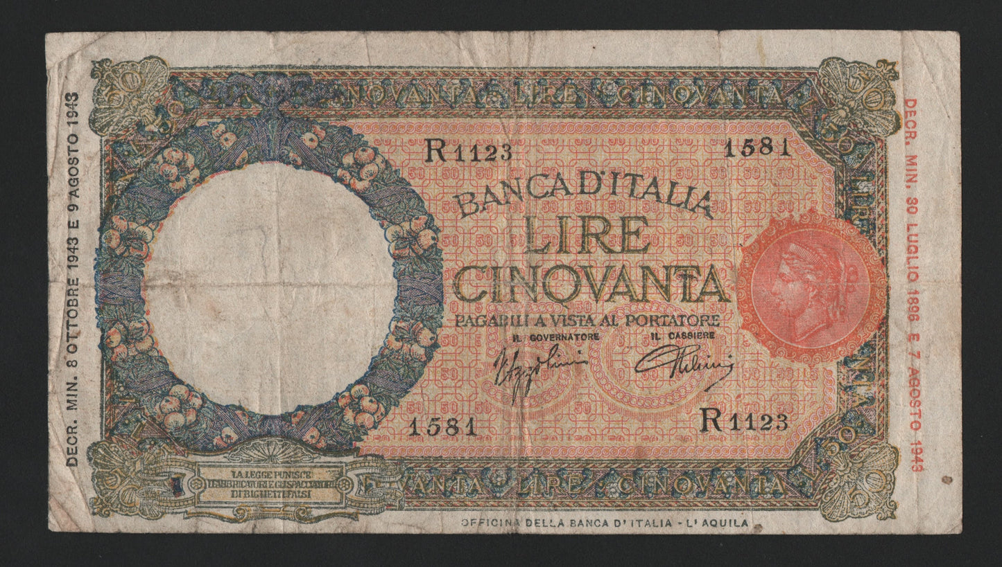 50 LIRE LUPETTA (B.I.) 08/10/1943 (BB) - Numismatica_ita