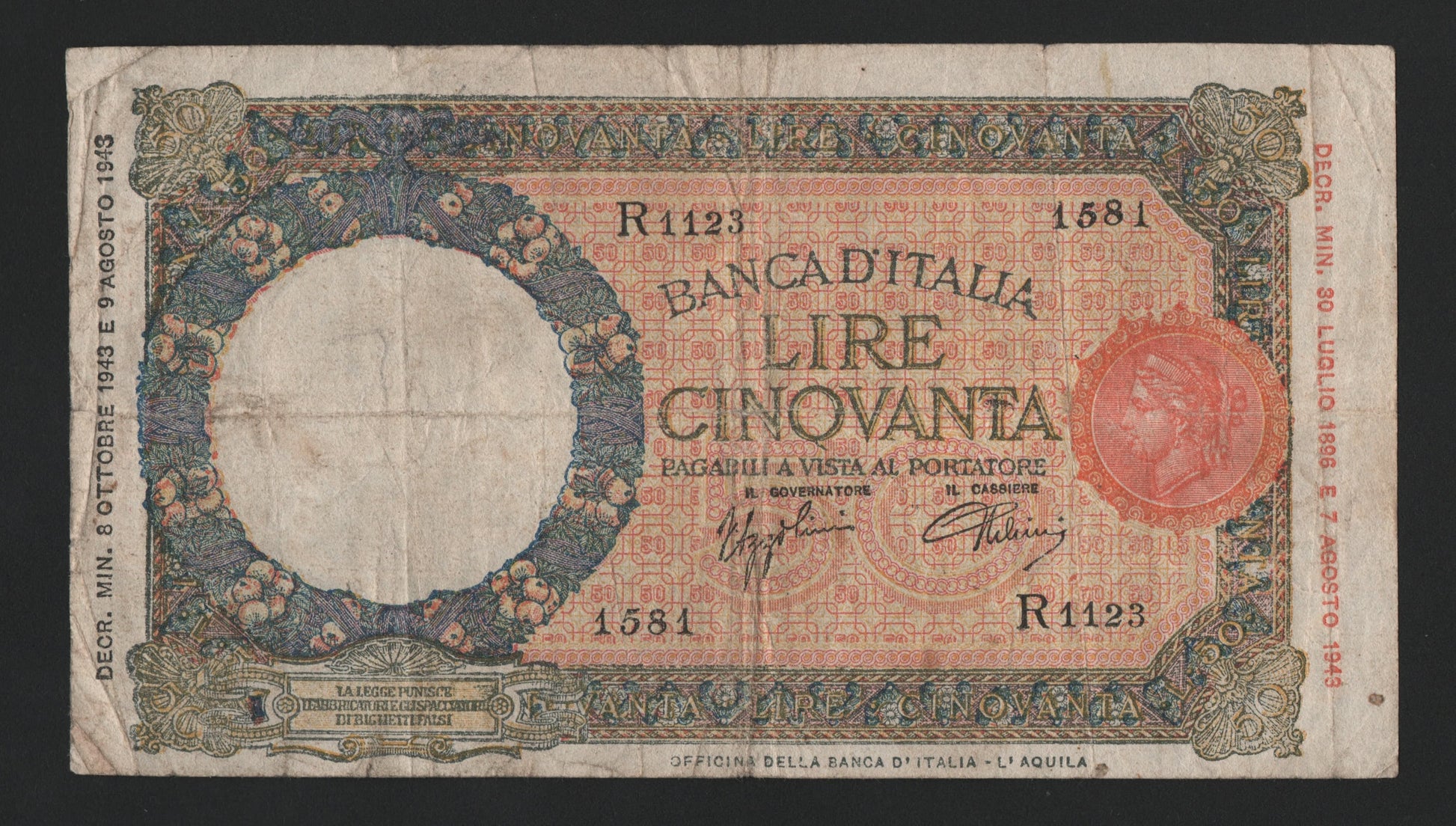 50 LIRE LUPETTA (B.I.) 08/10/1943 (BB) - Numismatica_ita