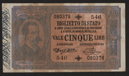 5 LIRE UMBERTO I 06/08/1889 R4 DELL'ARA - PIA BB+