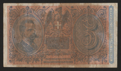 5 LIRE UMBERTO I 06/08/1889 R4 DELL'ARA - PIA BB+