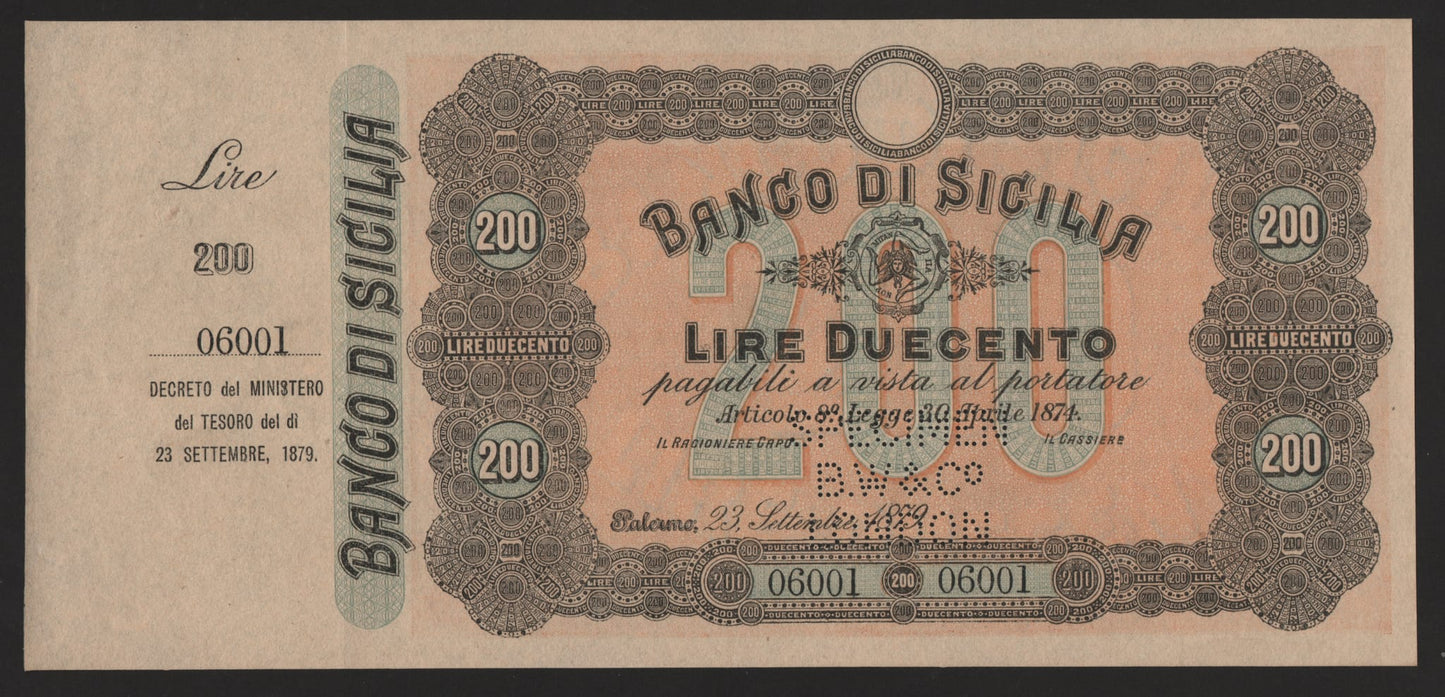 200 LIRE BANCO DI SICILIA CAMPIONE SPECIMEN CON MATRICE 23/09/1879 SUP