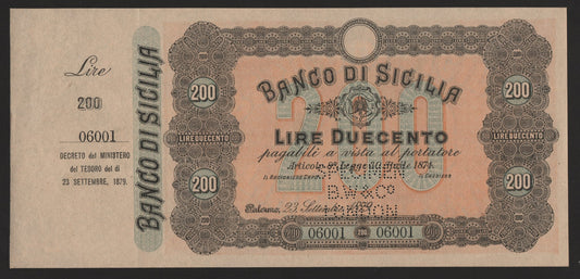 200 LIRE BANCO DI SICILIA CAMPIONE SPECIMEN CON MATRICE 23/09/1879 SUP