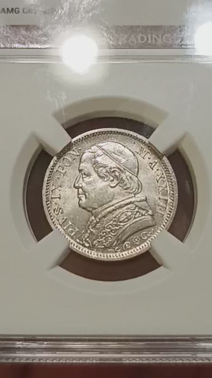 1 LIRA 1868 XXIII STATO PONTIFICIO PIO IX MONETA IN ARGENTO CCG MS63 qFDC