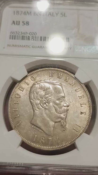 5 LIRE 1874 MILANO NGC AU58 SCUDO VITTORIO EMANUELE II MONETA IN ARGENTO