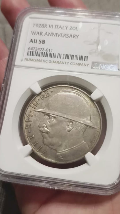 20 LIRE ELMETTO CAPPELLONE 1928 NGC AU58 MONETA IN ARGENTO REGNO D'ITALIA