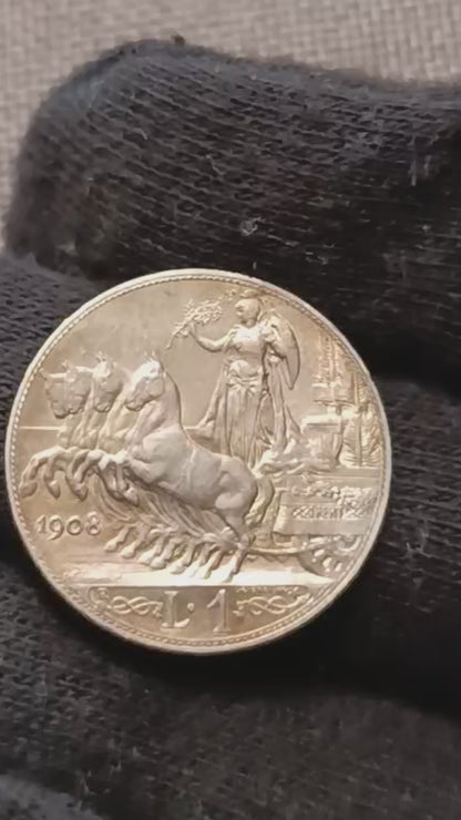1 LIRA QUADRIGA VELOCE 1908 FDC MONETA IN ARGENTO REGNO D'ITALIA